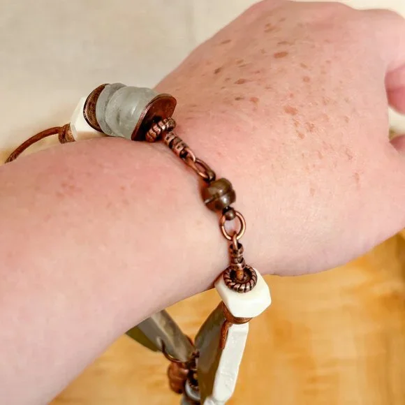 Chunky boho glass bead bracelet with copper charms - Picture 9 of 10